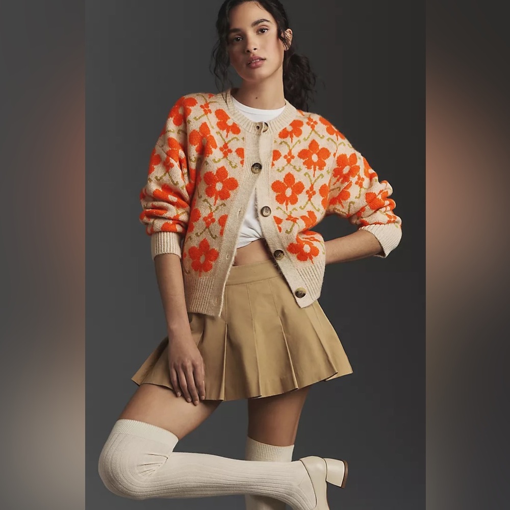 Anthropologie Maeve Orange Floral Pop Intarsia Cardigan Sweater - NWT